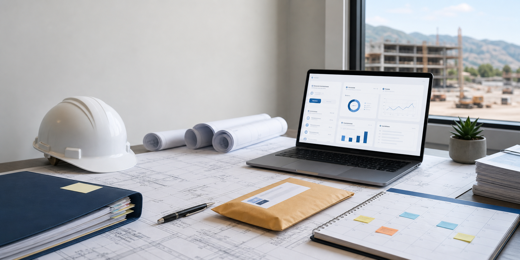 Organized contractor desk with construction plans, a payment-document folder, a calendar, certified mail envelope, and clean workflow dashboard.