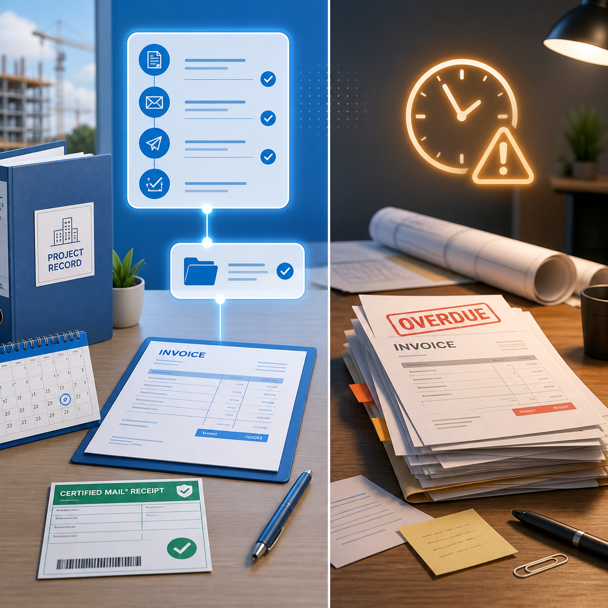 Organized contractor desk with construction plans, a payment-document folder, a calendar, certified mail envelope, and clean workflow dashboard.