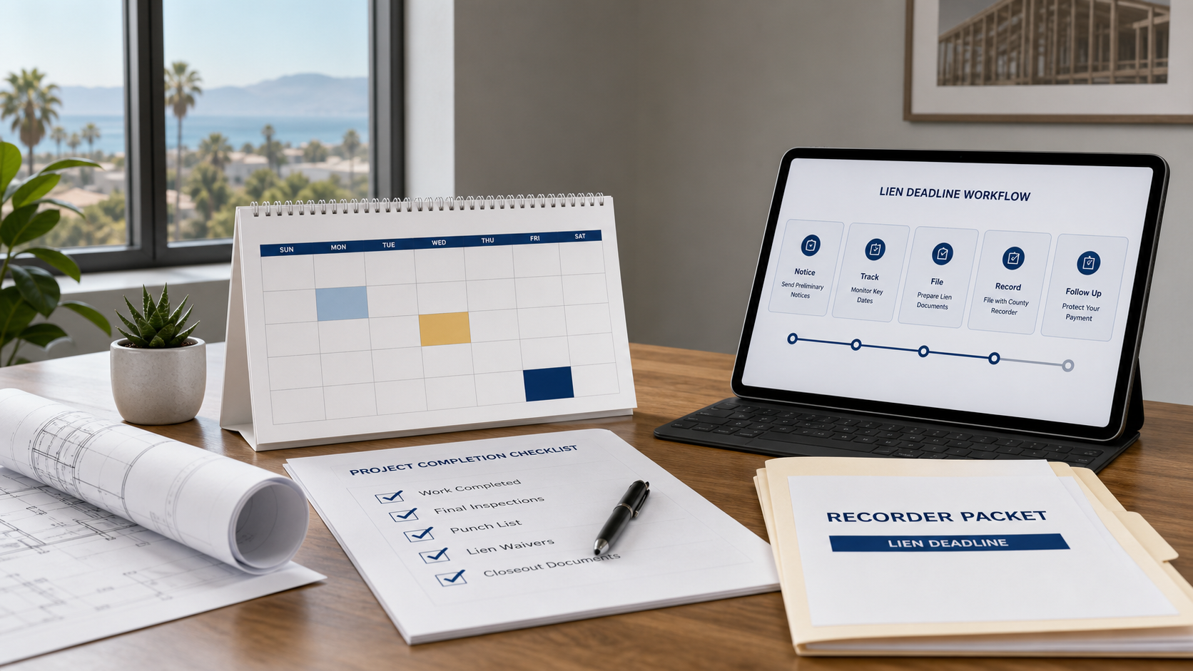 Construction office desk with calendar, project completion checklist, recorder packet, and California mechanics lien deadline workflow cards.