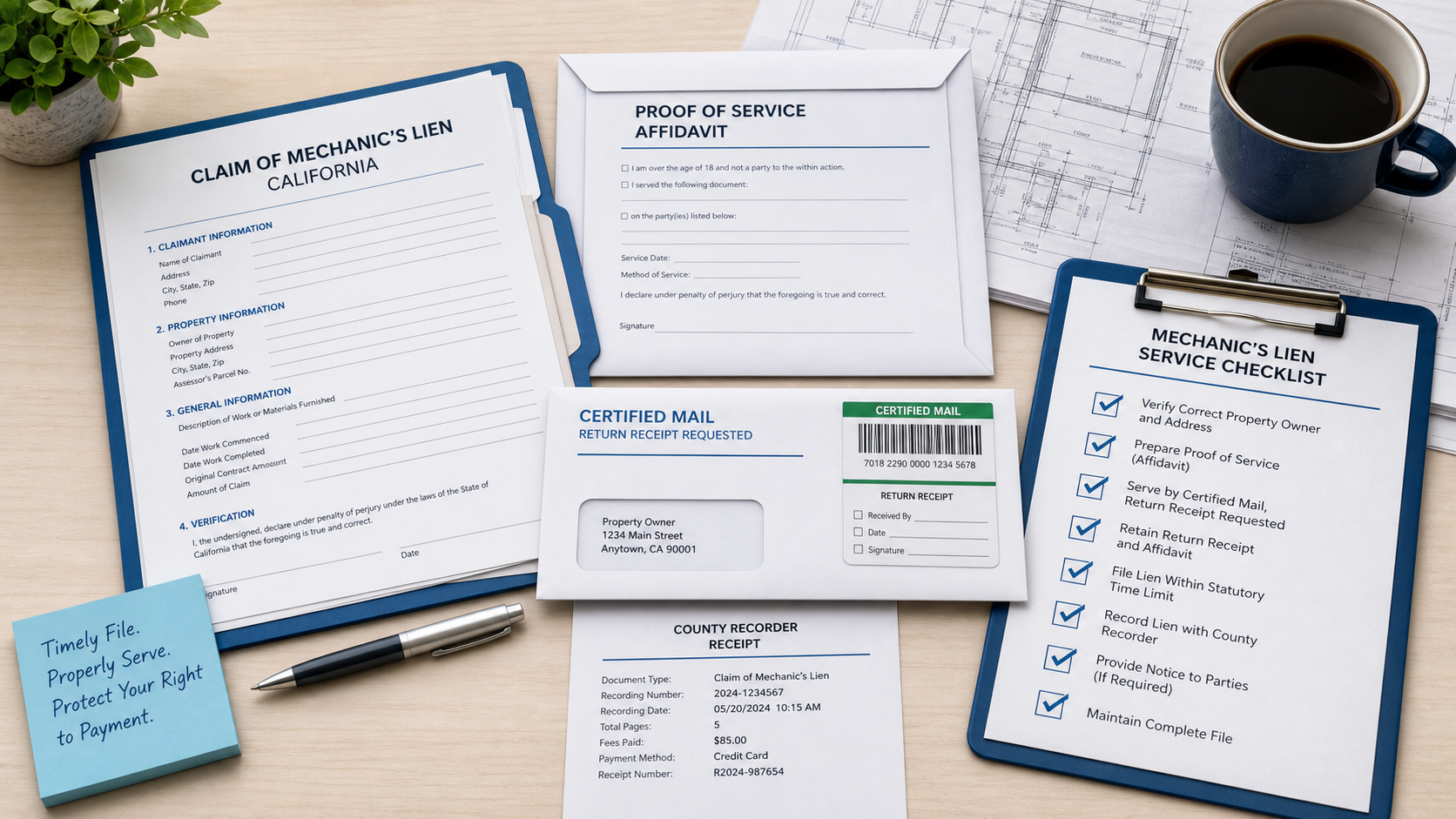 Mechanics lien document packet with proof of service affidavit, certified mail envelope, recorder receipt, and construction plans.