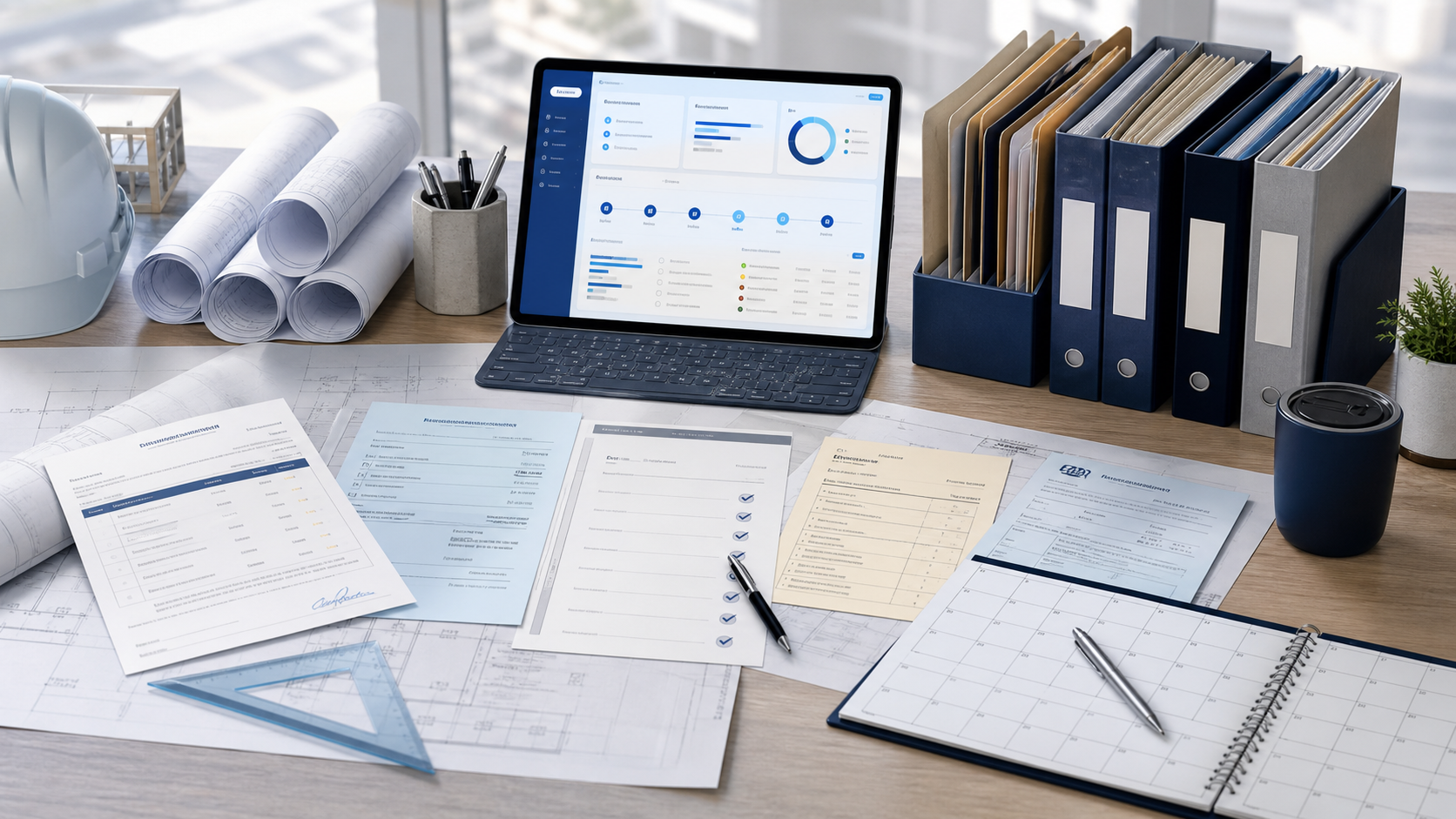 Construction office desk with project plans, invoices, supplier delivery ticket, subcontractor work order, payment rights checklist, calendar, and document folders.