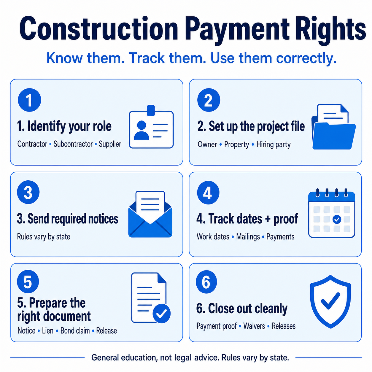 Construction Payment Rights infographic listing six steps: identify your role, set up the project file, send required notices, track dates and proof, prepare the right document, and close out cleanly.