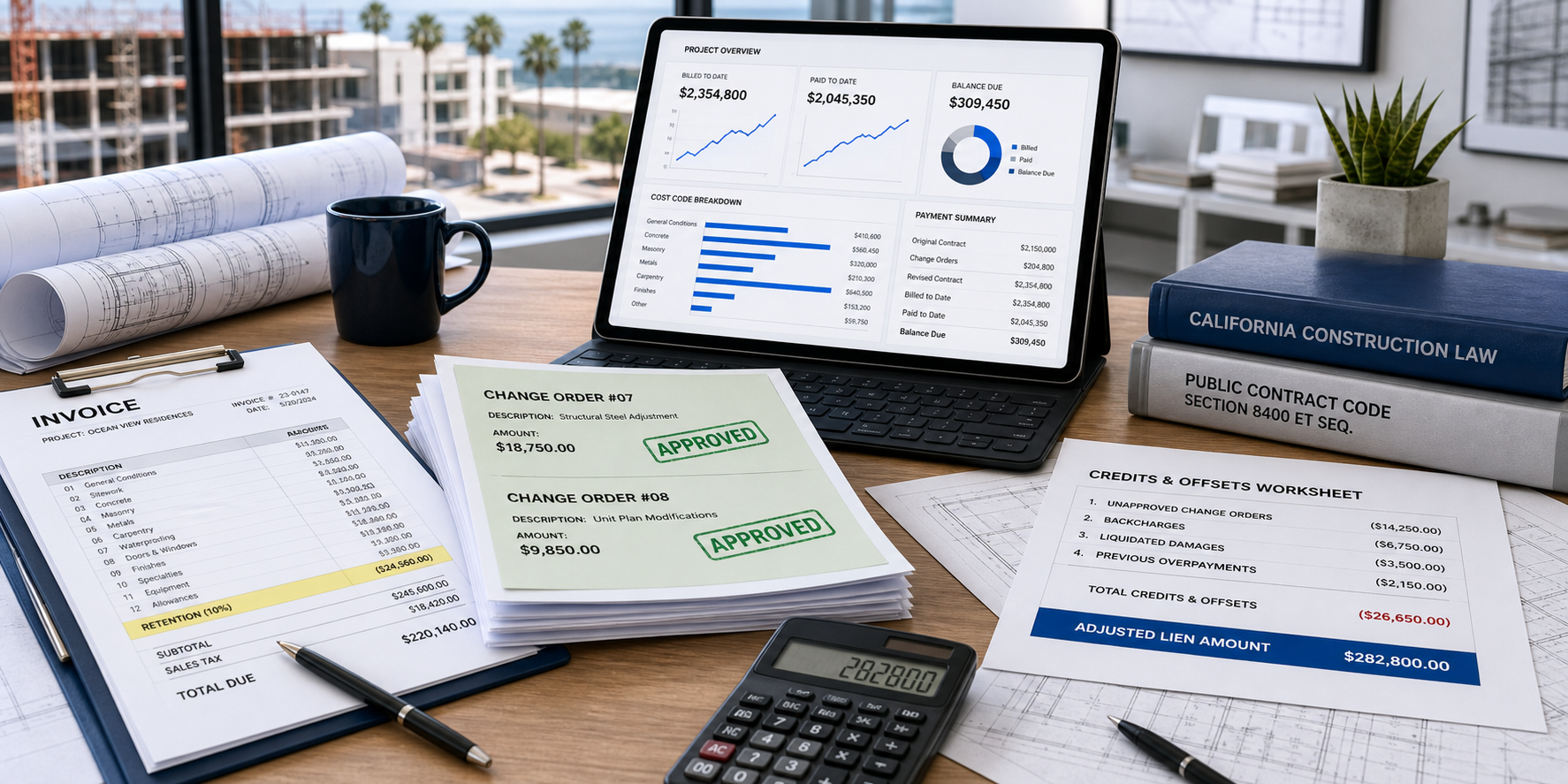 Construction accounting desk with invoices, approved change orders, retention worksheet, credits and offsets, and mechanics lien amount calculator.