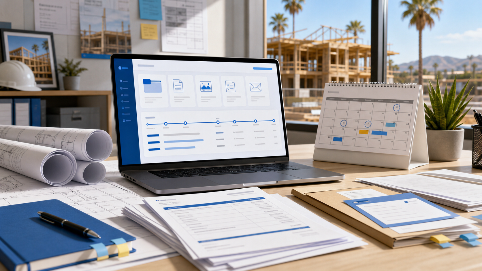 Organized construction project records, invoices, notices, and a payment timeline on a contractor office desk.