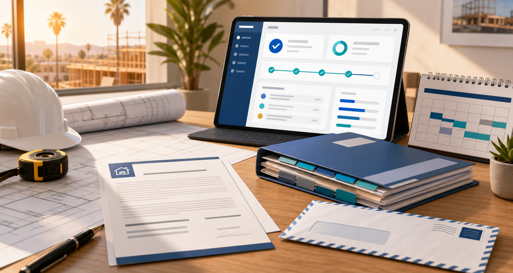 Organized construction project file with recorded lien paperwork, payment records, calendar, and certified mail envelope on a contractor desk.