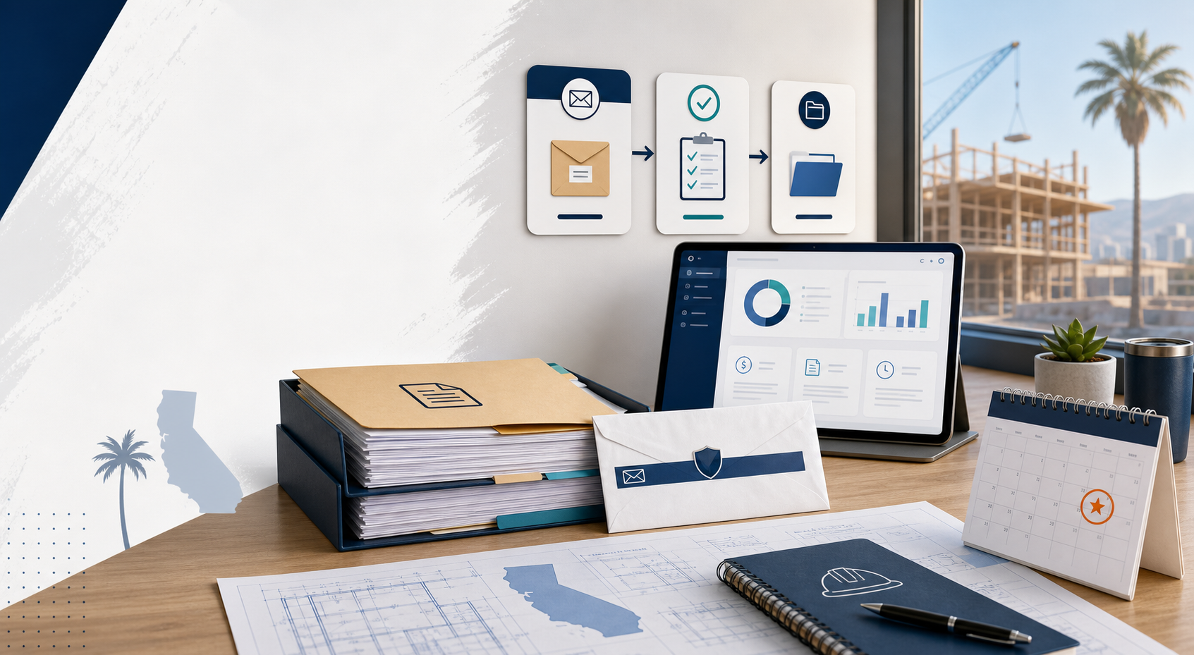 Organized construction project records, invoices, certified mail, and deadline cards for a California supplier lien notice issue.