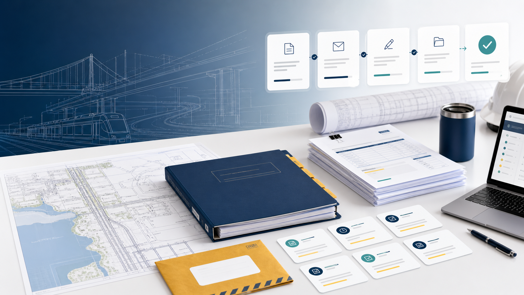 Organized California public works payment records with project plans, invoices, notices, certified mail, and deadline cards on a contractor office desk.