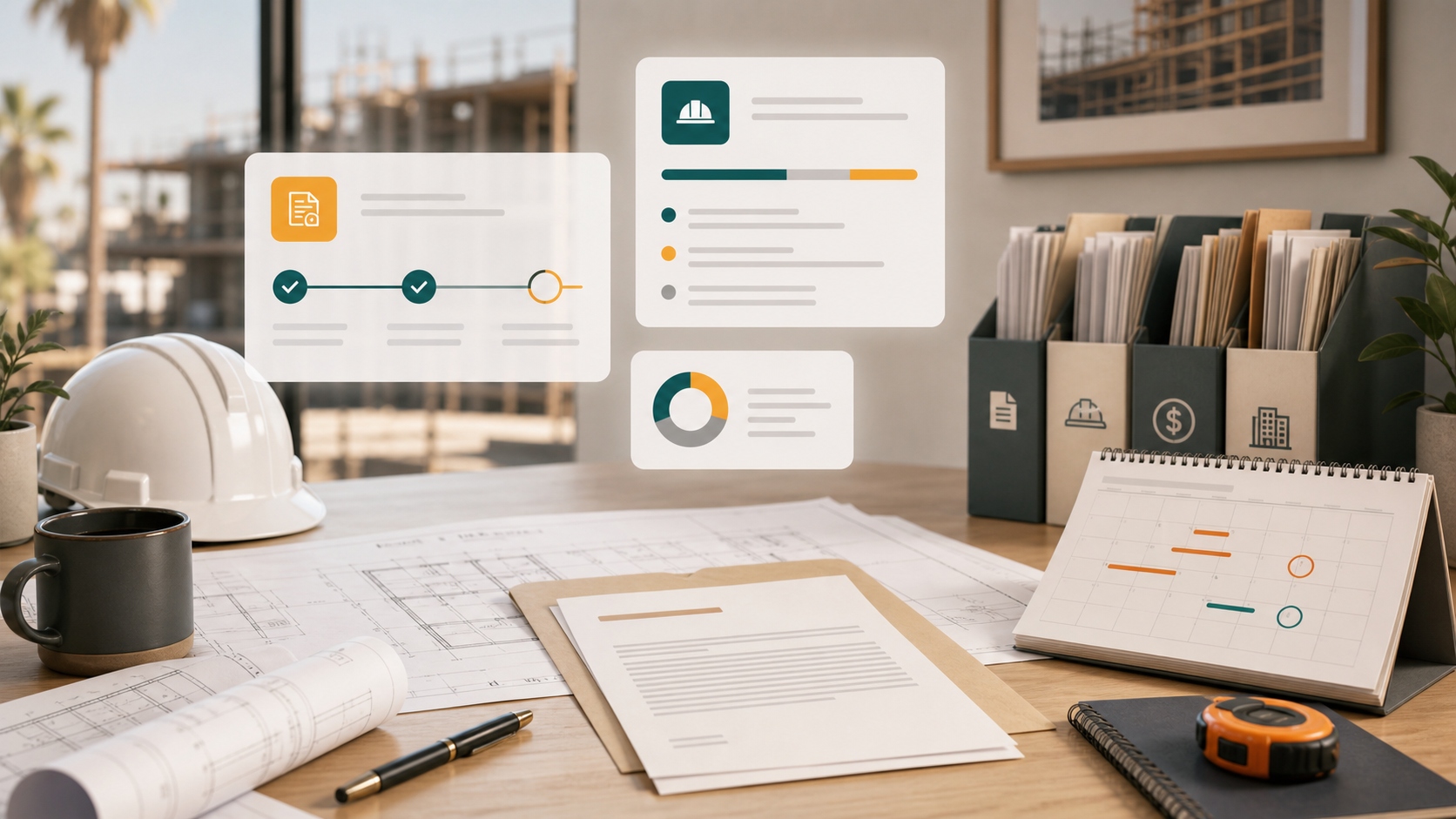 Organized California construction payment project file with a notice letter, envelope, plans, and deadline calendar on a contractor office desk.