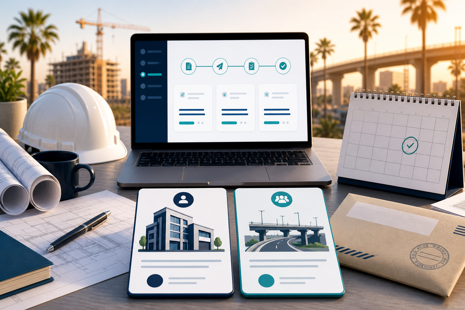 Construction payment project record desk with route cards for private and public California project paperwork.