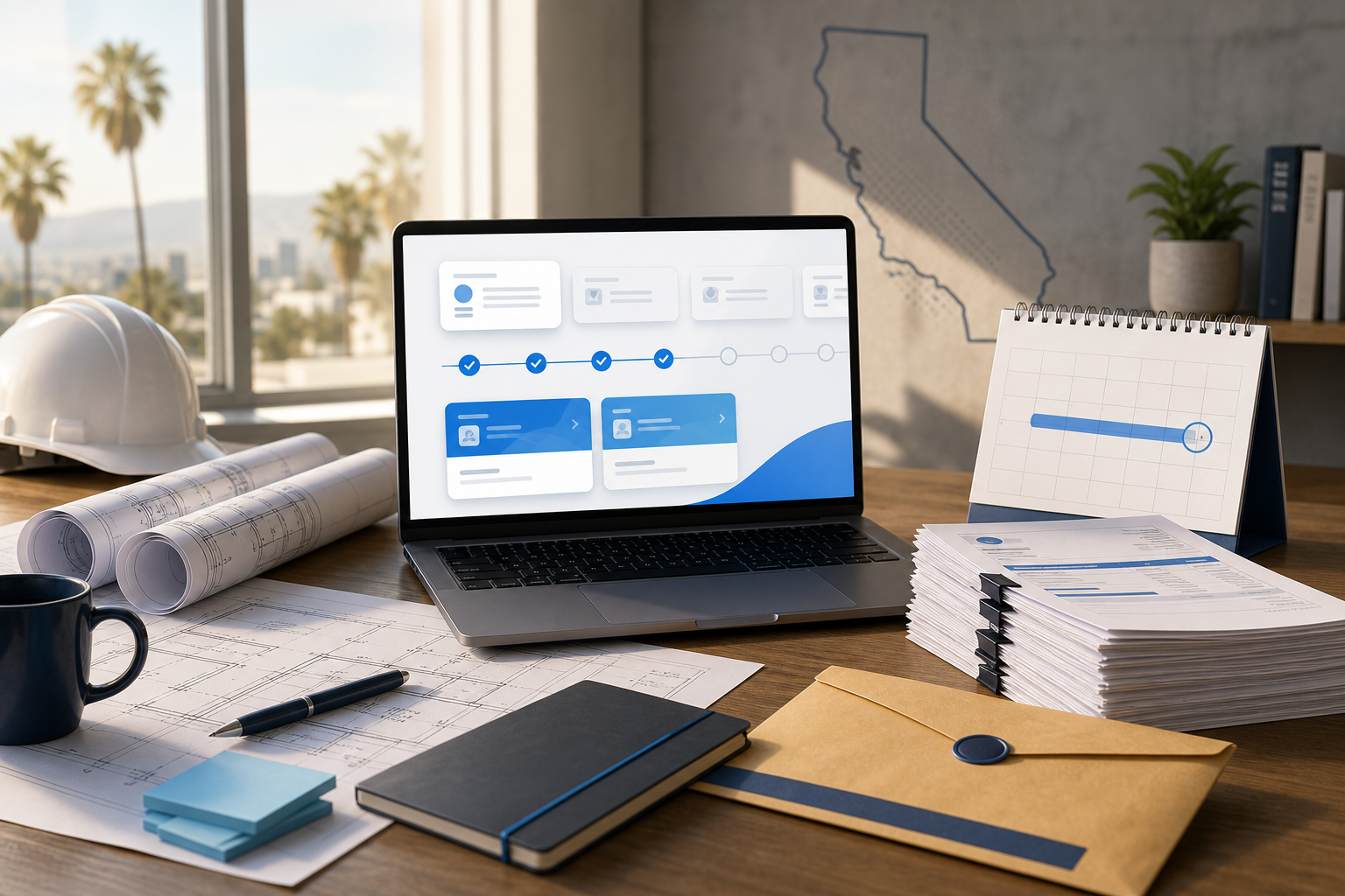 Contractor office desk with invoices, construction plans, a deadline calendar, and abstract payment workflow cards for late-payment payroll risk.