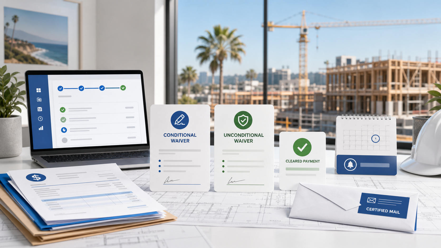 Construction payment records desk with lien waiver documents, cleared-payment checkmark, deadline calendar, and project files.