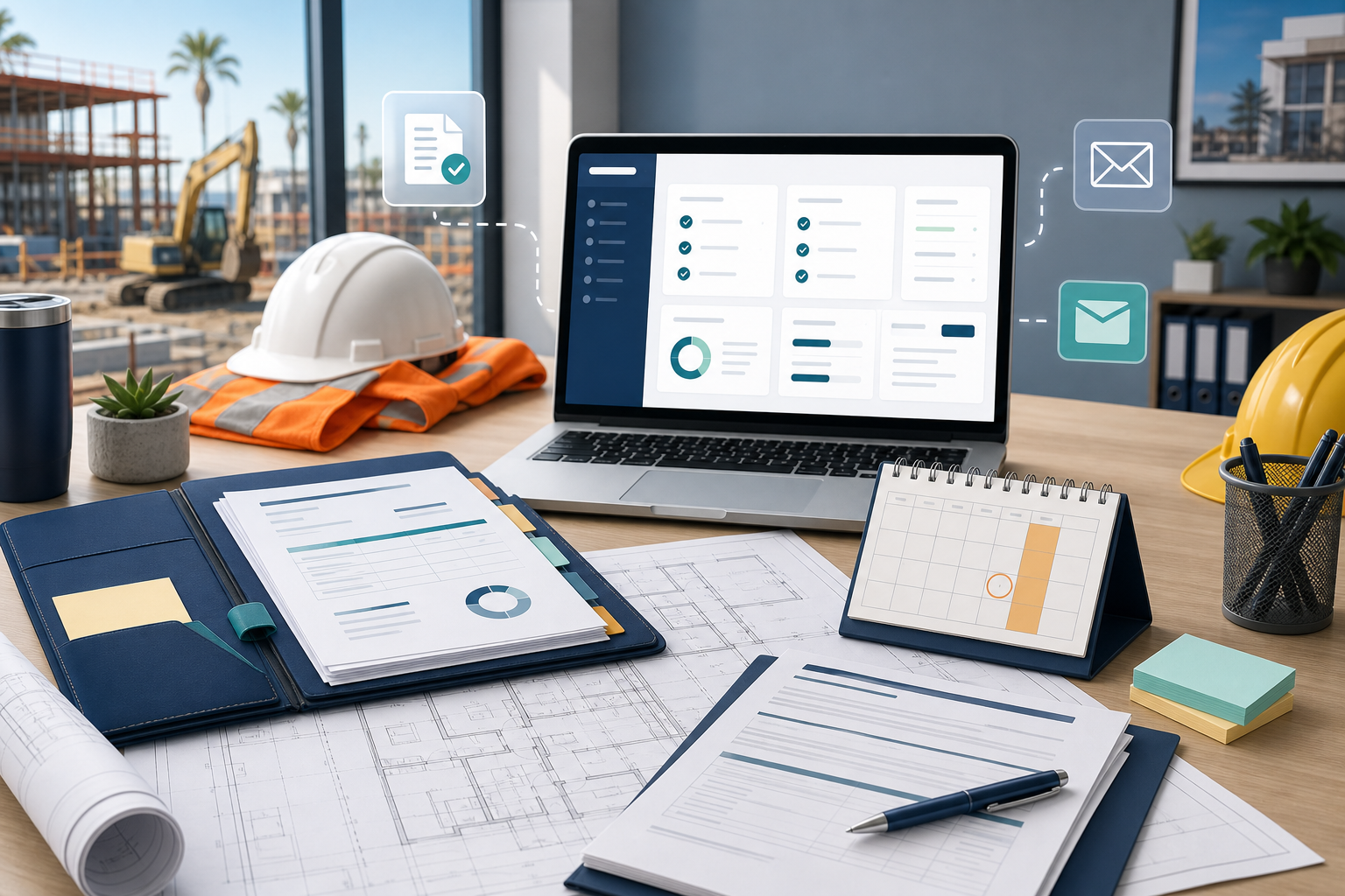 Organized construction payment application records with invoices, plans, calendar deadlines, and a clean StreamLien-style checklist dashboard.