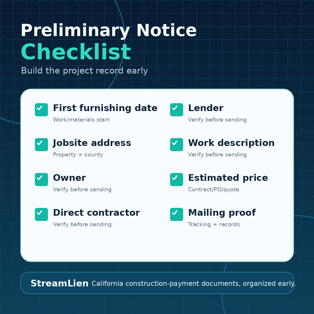 Preliminary notice checklist showing first furnishing date, jobsite address, owner, direct contractor, lender, work description, estimated price, and mailing proof