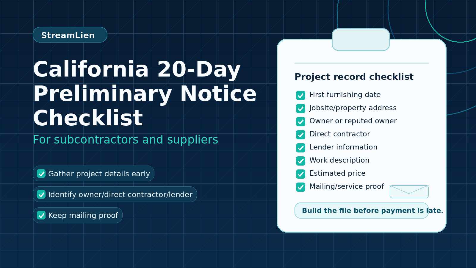 California 20-Day Preliminary Notice Checklist for subcontractors and suppliers